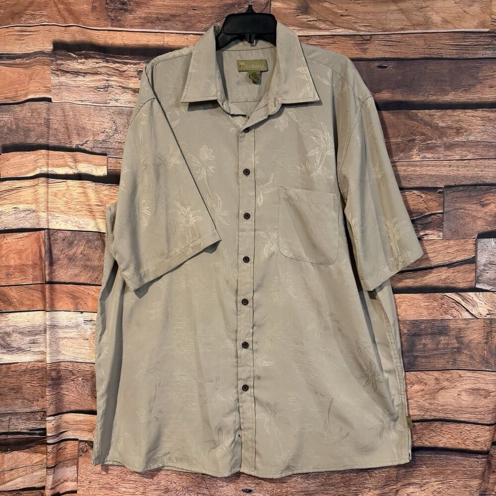 Cabana Mens 2XT Khaki Beige Hawaiian Shirt Floral Palm Tree Camp Tropical